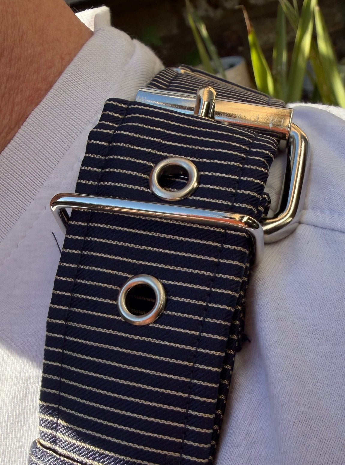 Detail of Gold & Navy Preppy Stripe strap and buckle