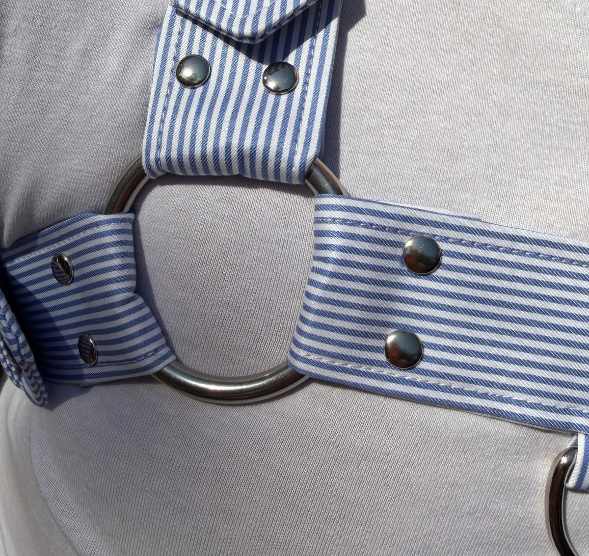 Detail of Light Blue & White Preppy Stripe straps at the ring