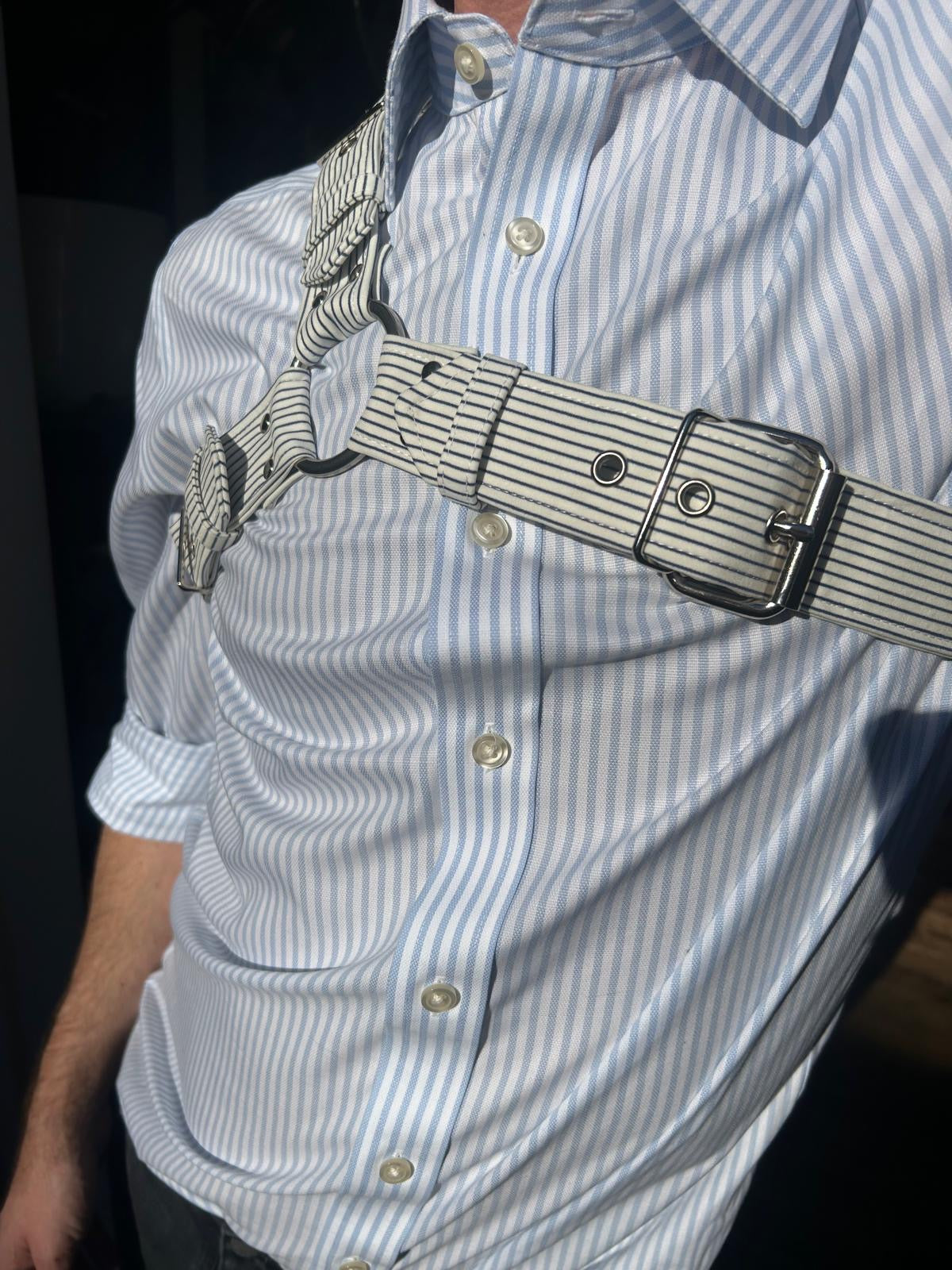 Pinstripe harness buckle close-up