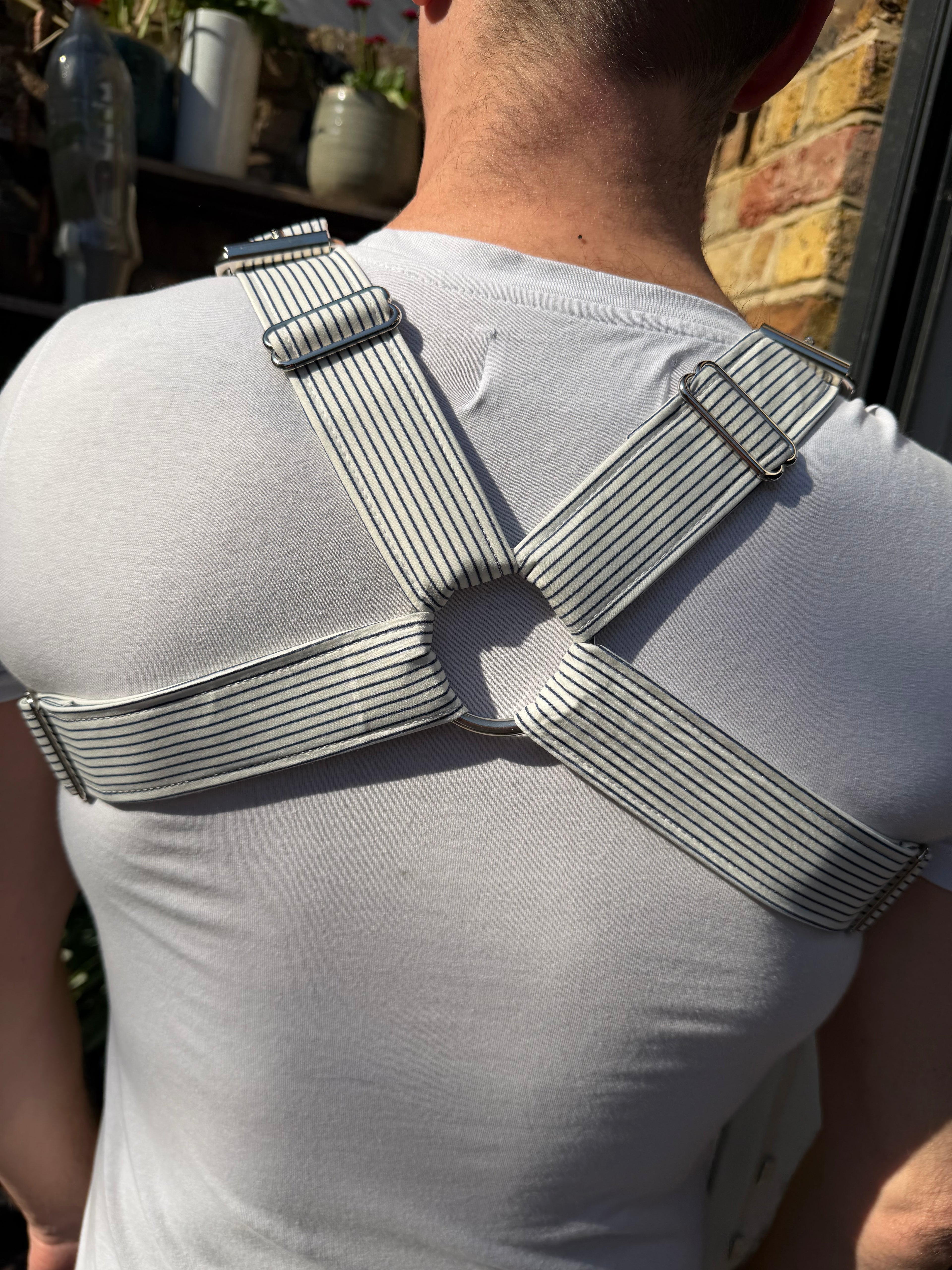 H Harness — Navy on Cream Pinstripe (Suiting Deadstock)