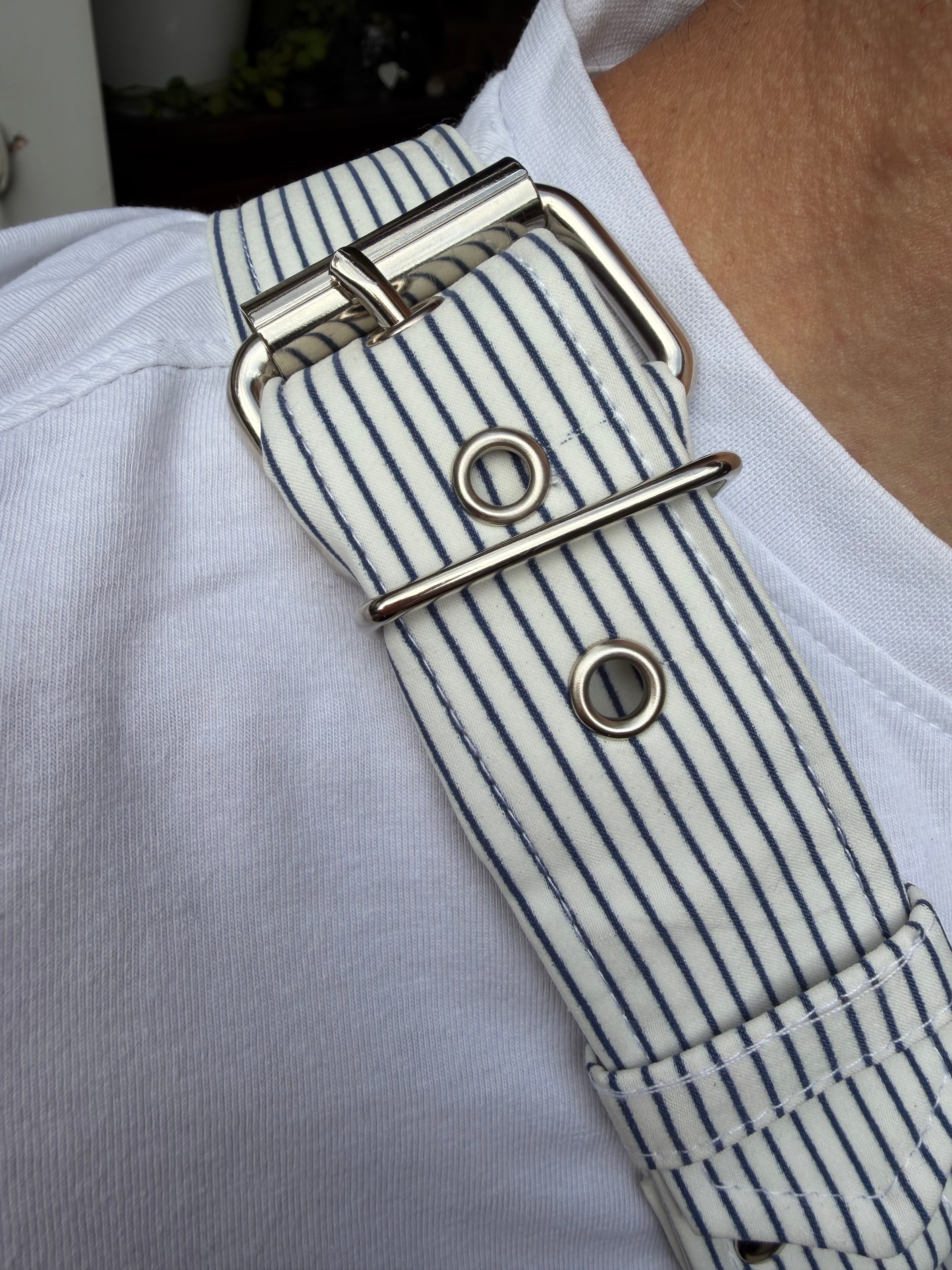 Y Harness — Navy on Cream Pinstripe (Suiting Deadstock)