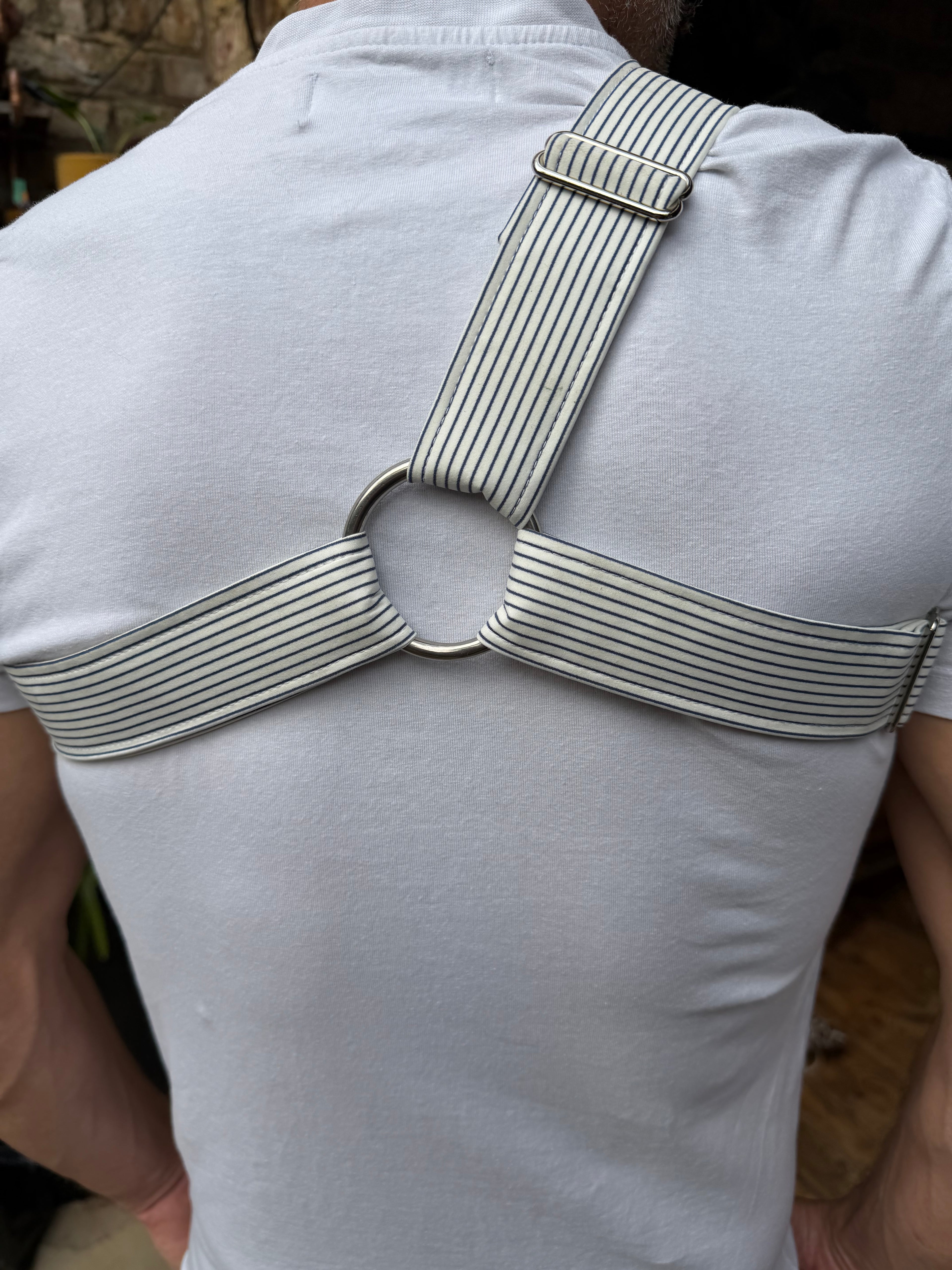 Y Harness — Navy on Cream Pinstripe (Suiting Deadstock)