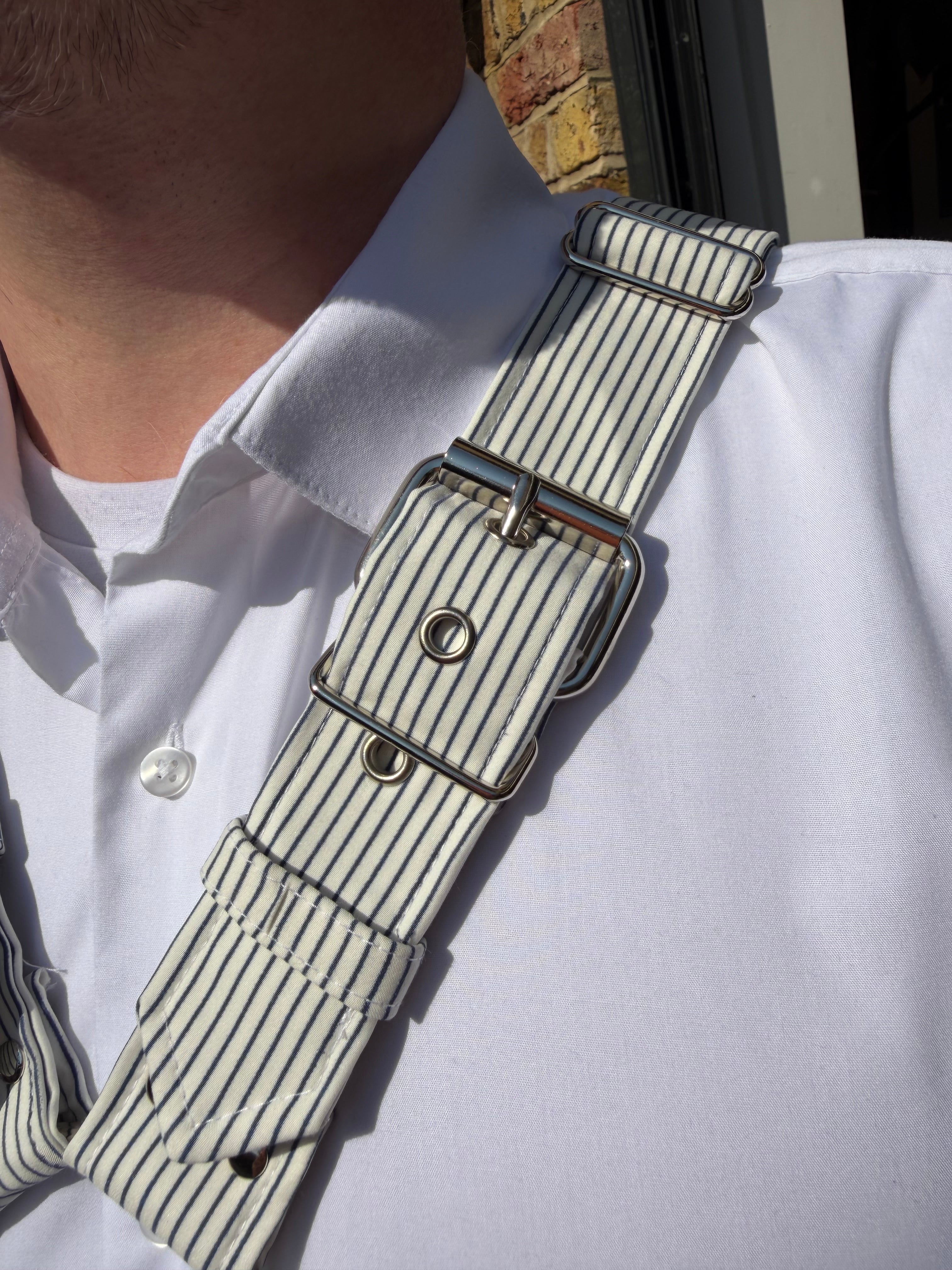 X Harness — Navy on Cream Pinstripe (Suiting Deadstock)