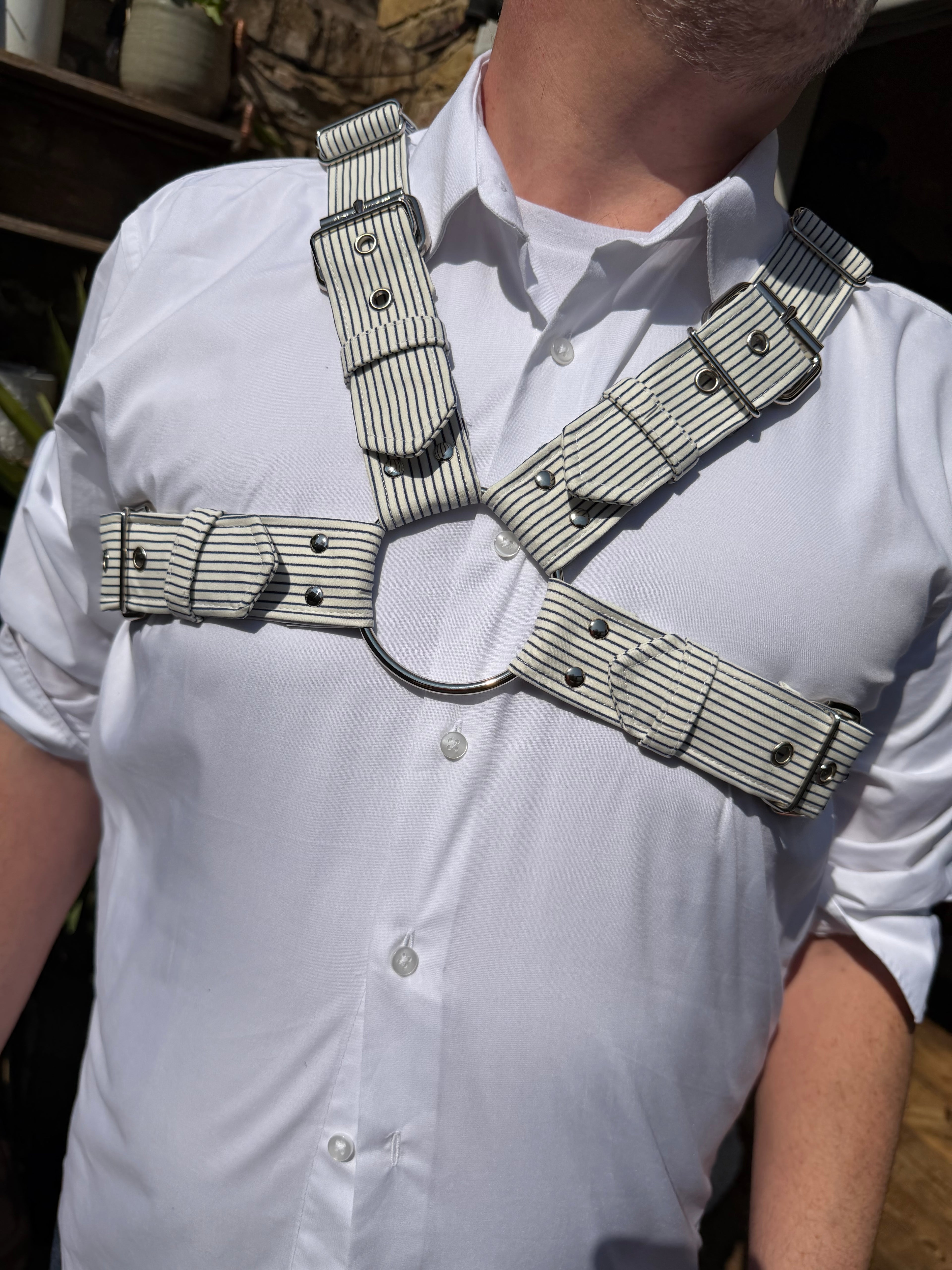 X Harness — Navy on Cream Pinstripe (Suiting Deadstock)