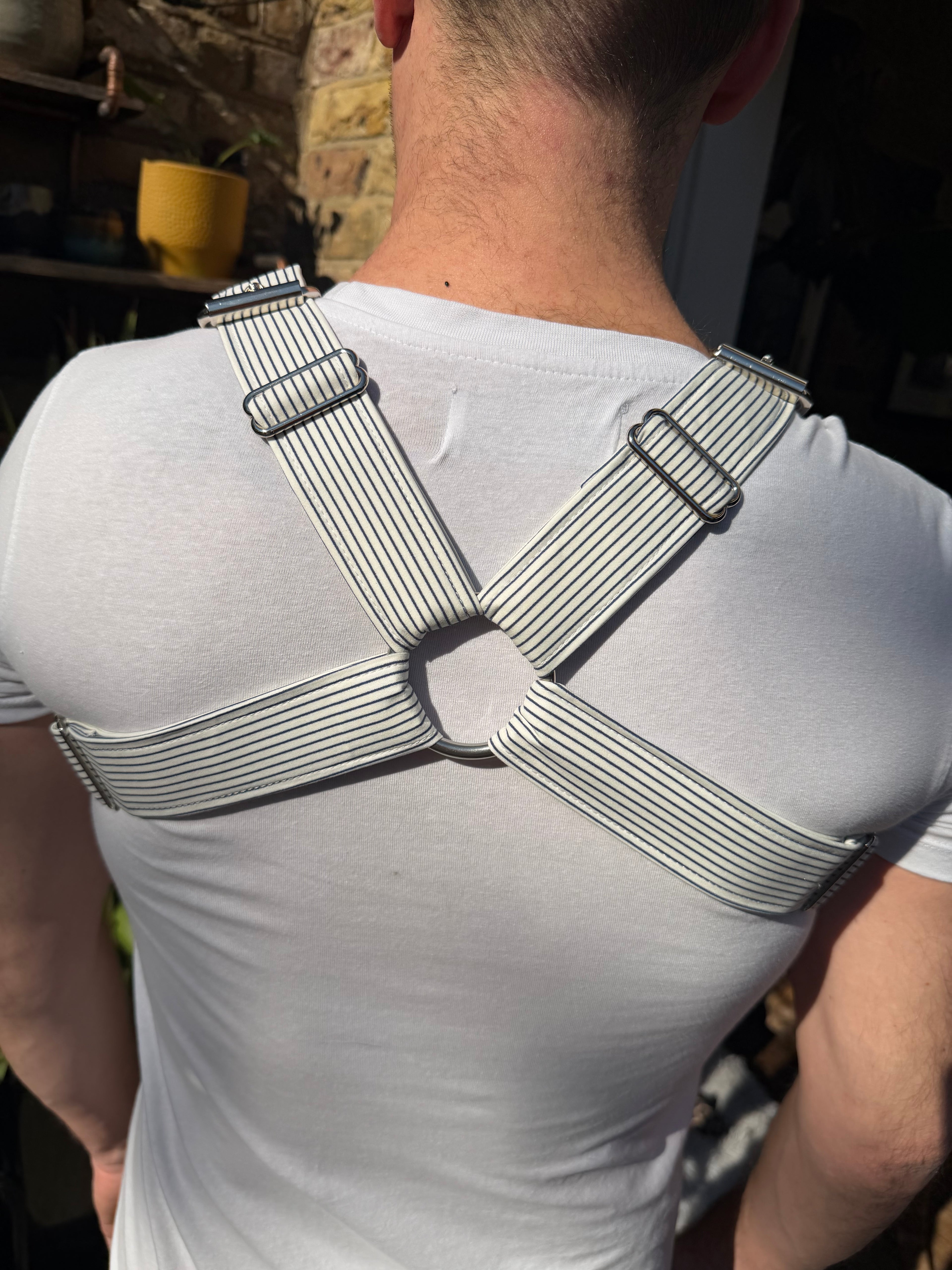 H Harness — Navy on Cream Pinstripe (Suiting Deadstock)