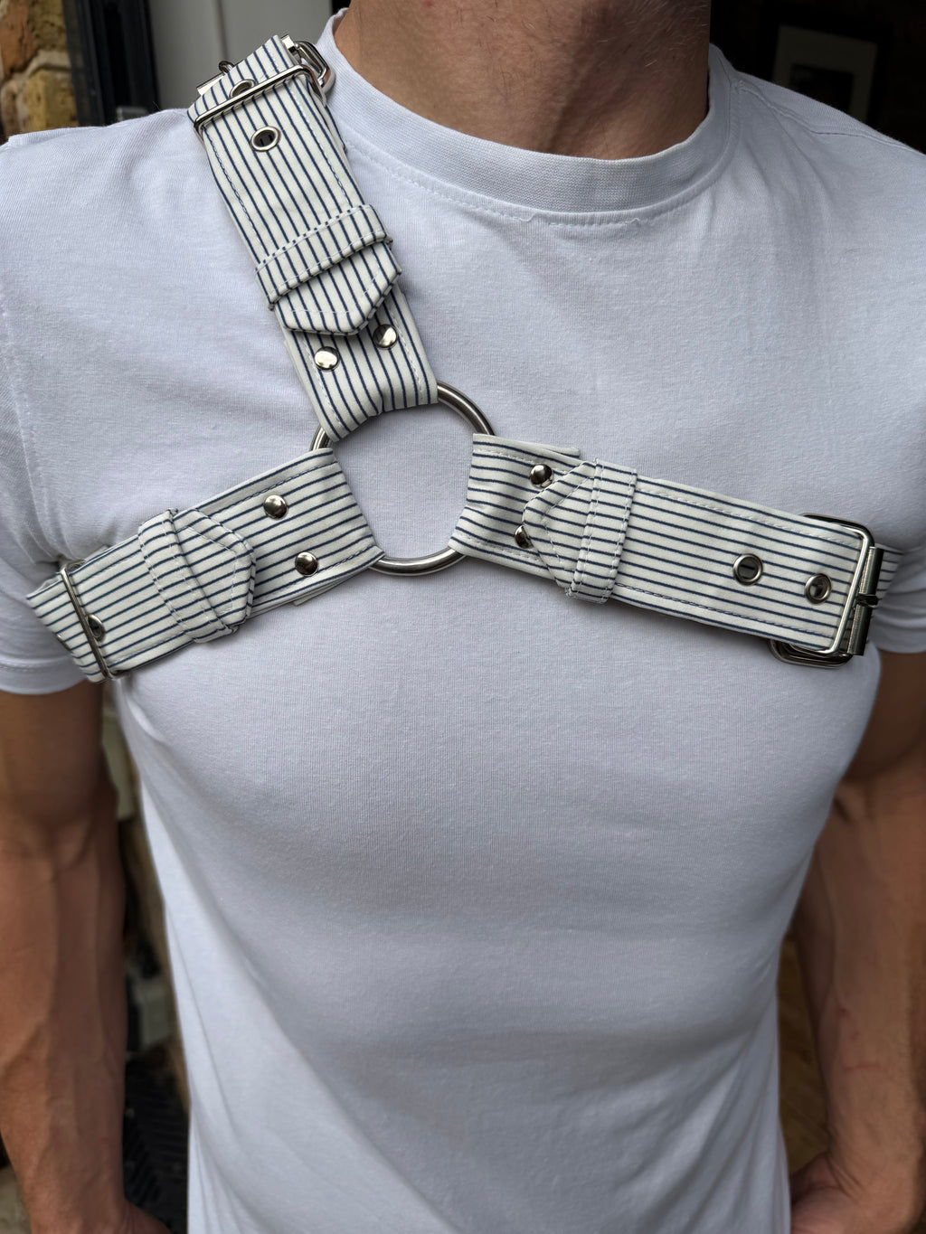 Y Harness — Navy on Cream Pinstripe (Suiting Deadstock)