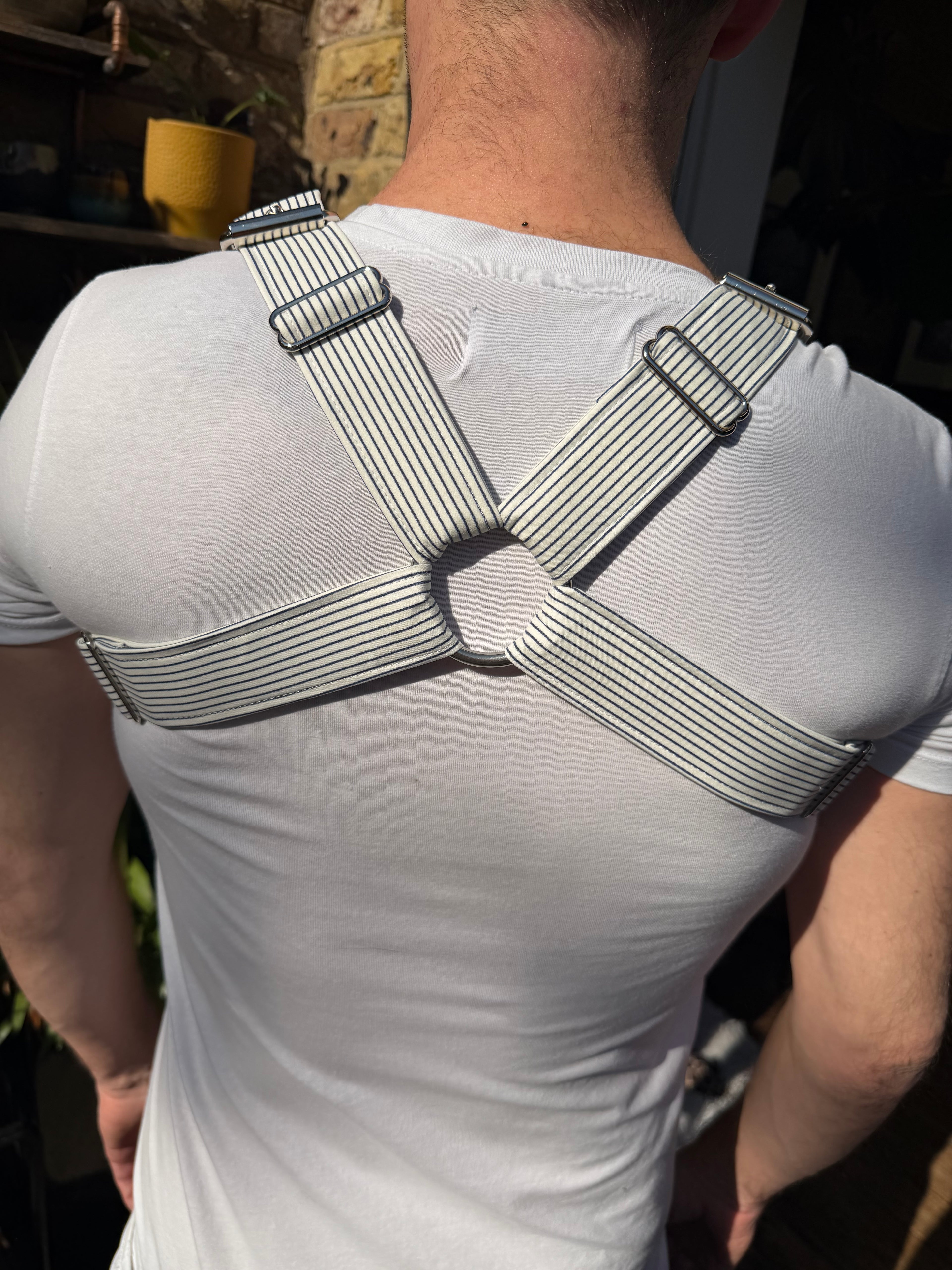 H Harness — Navy on Cream Pinstripe (Suiting Deadstock)