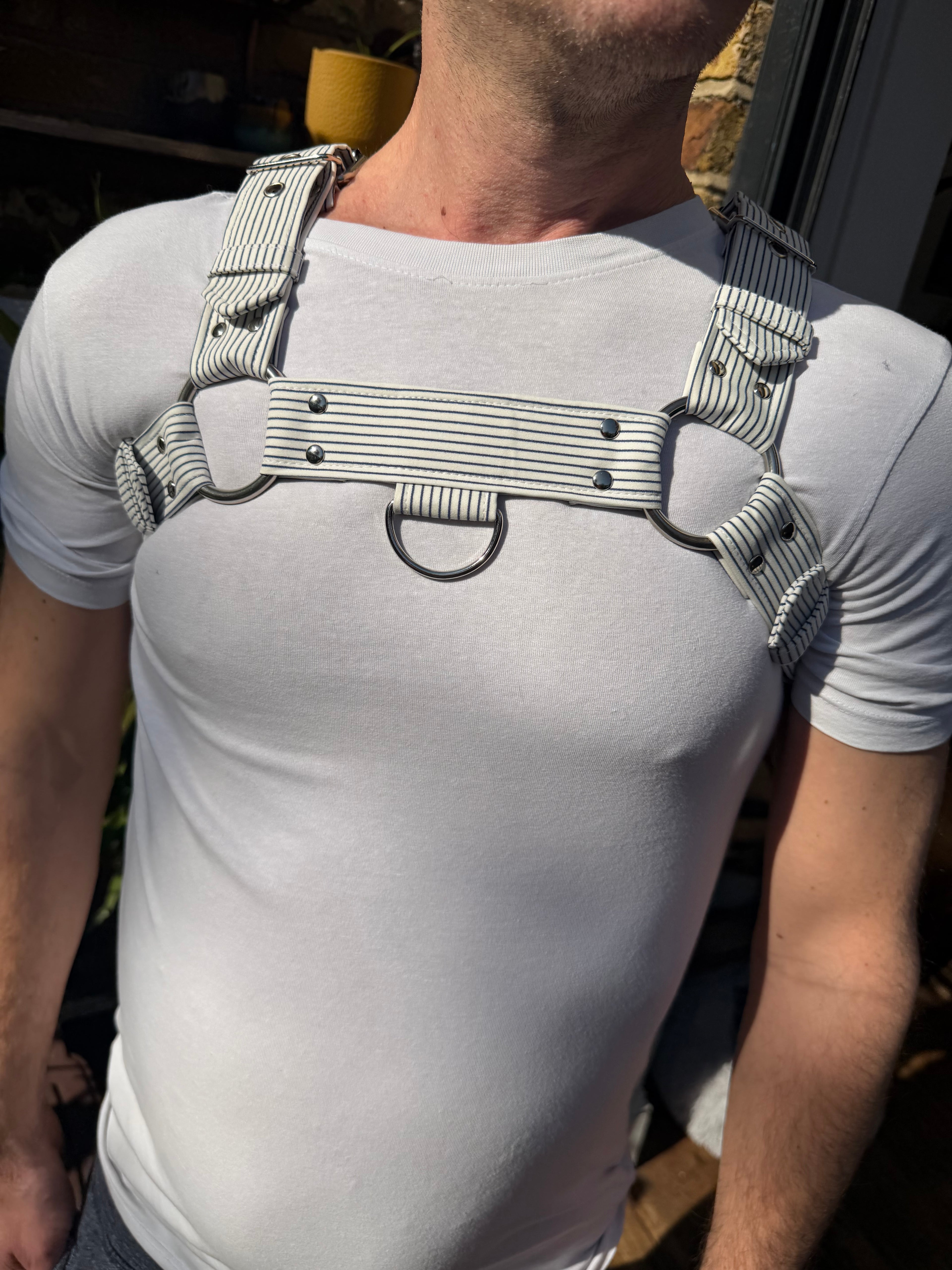 H Harness — Navy on Cream Pinstripe (Suiting Deadstock)