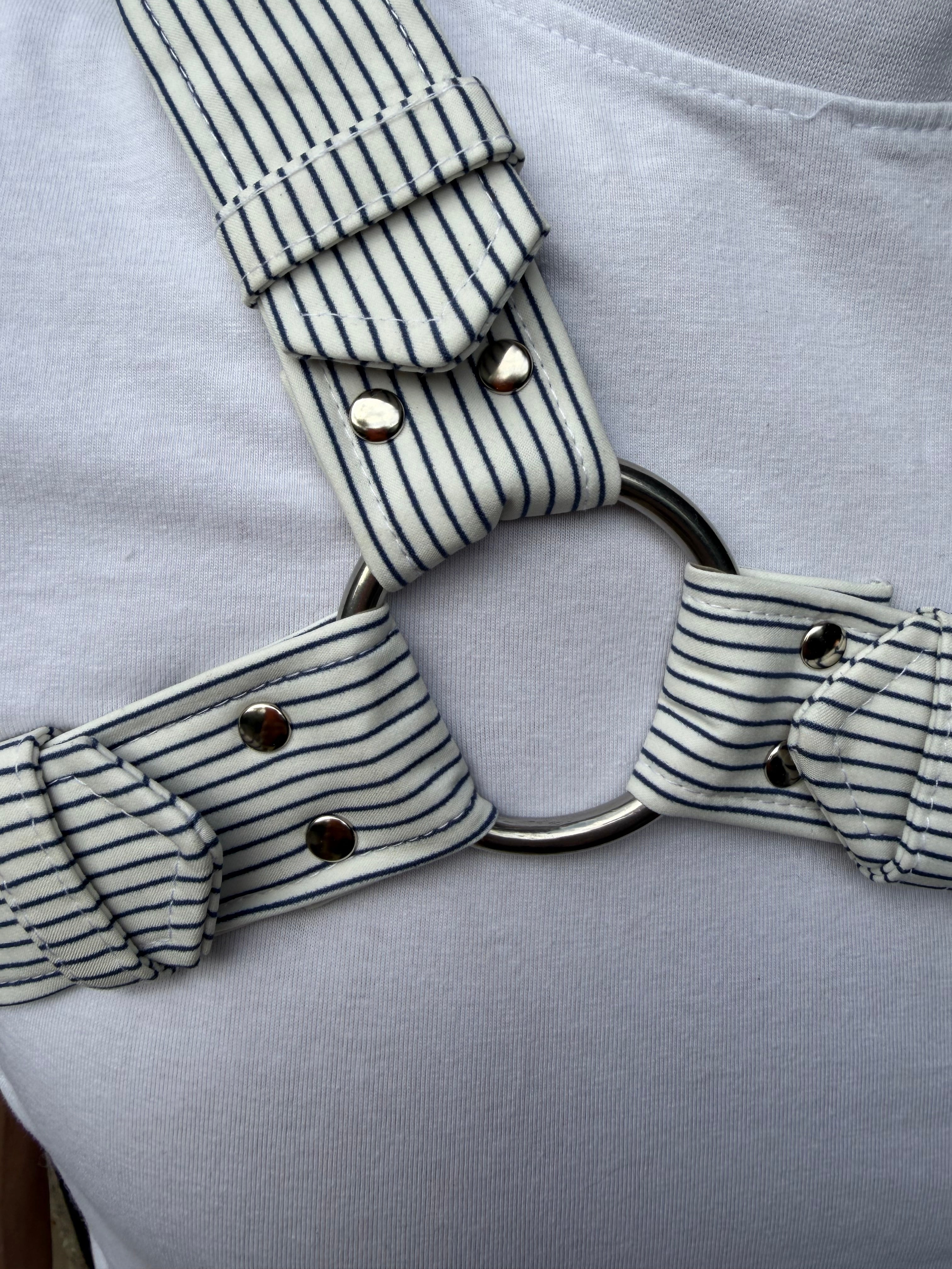 Y Harness — Navy on Cream Pinstripe (Suiting Deadstock)