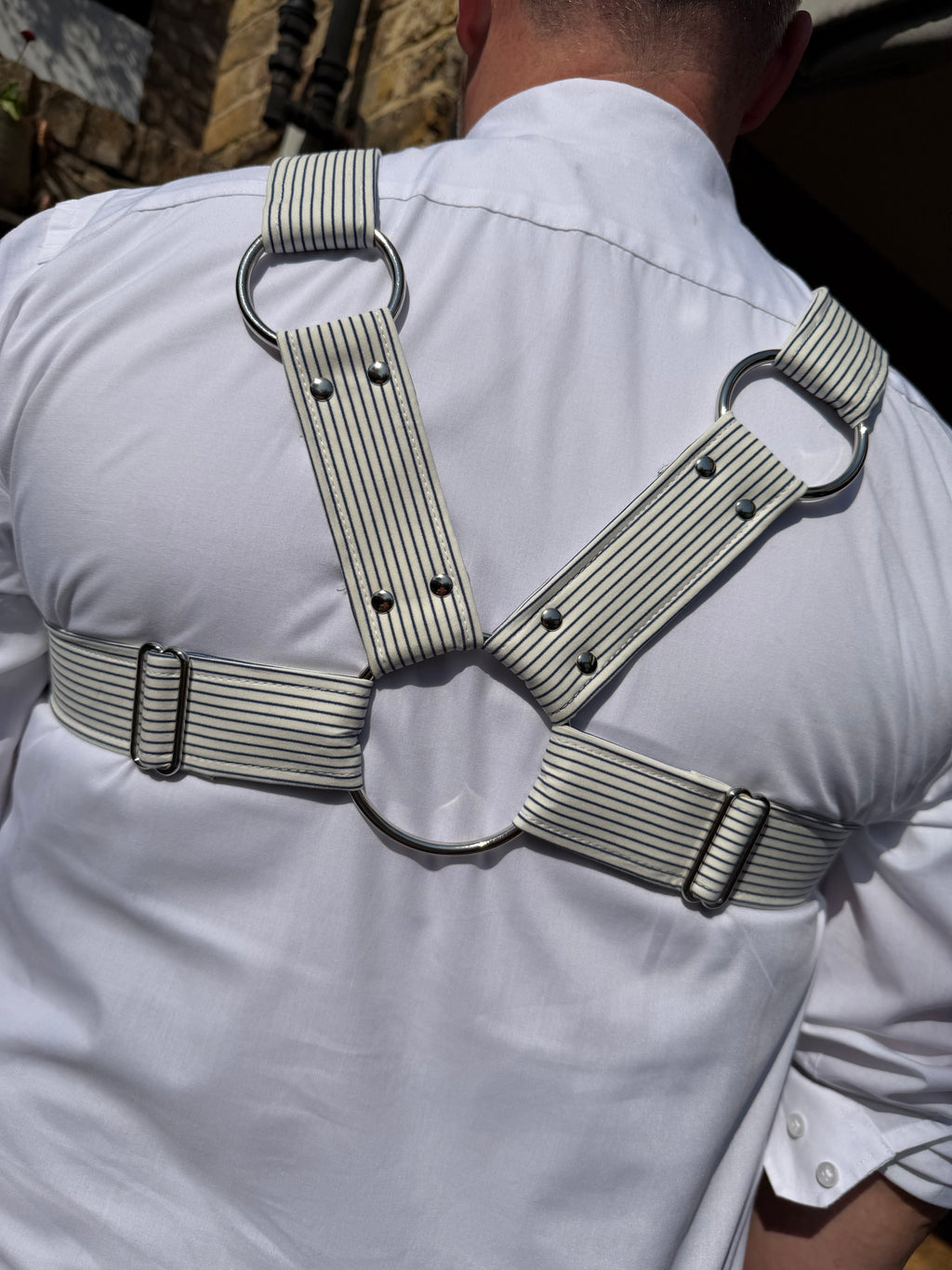 X Harness — Navy on Cream Pinstripe (Suiting Deadstock)