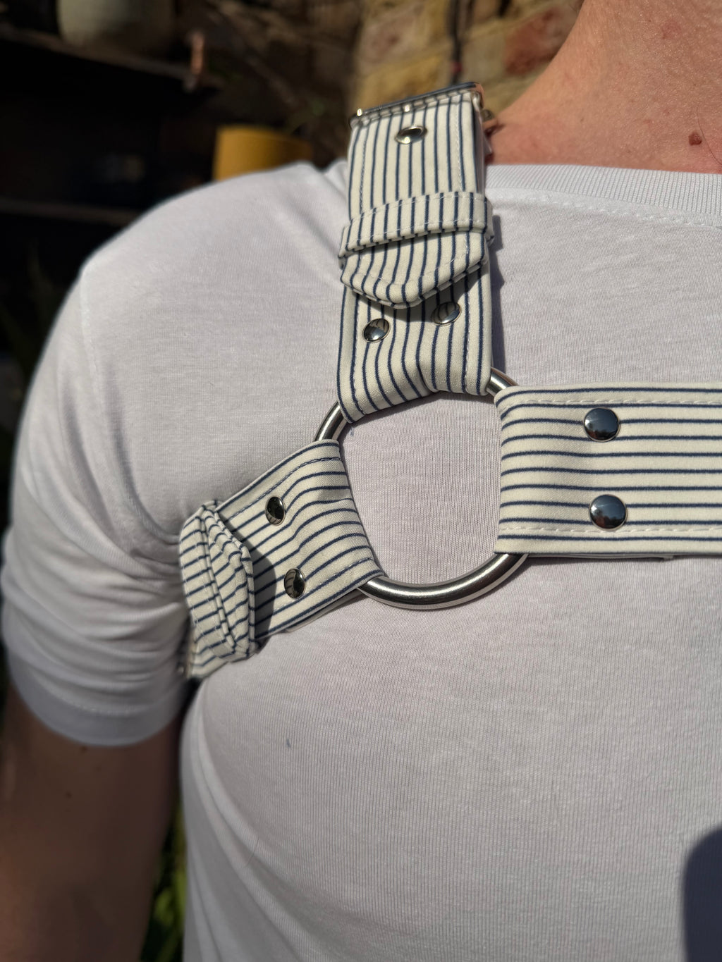 H Harness — Navy on Cream Pinstripe (Suiting Deadstock)