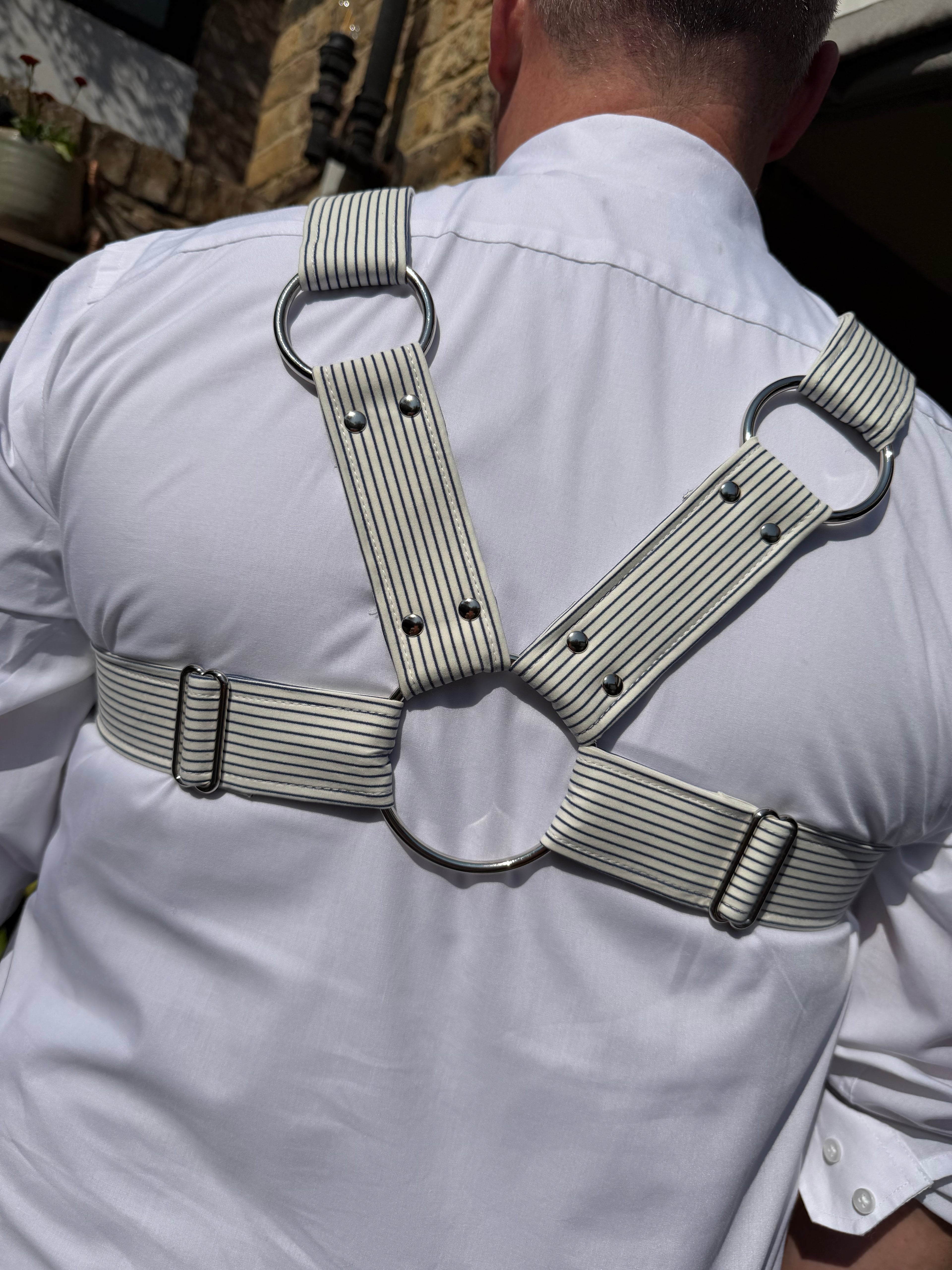 X Harness — Navy on Cream Pinstripe (Suiting Deadstock)