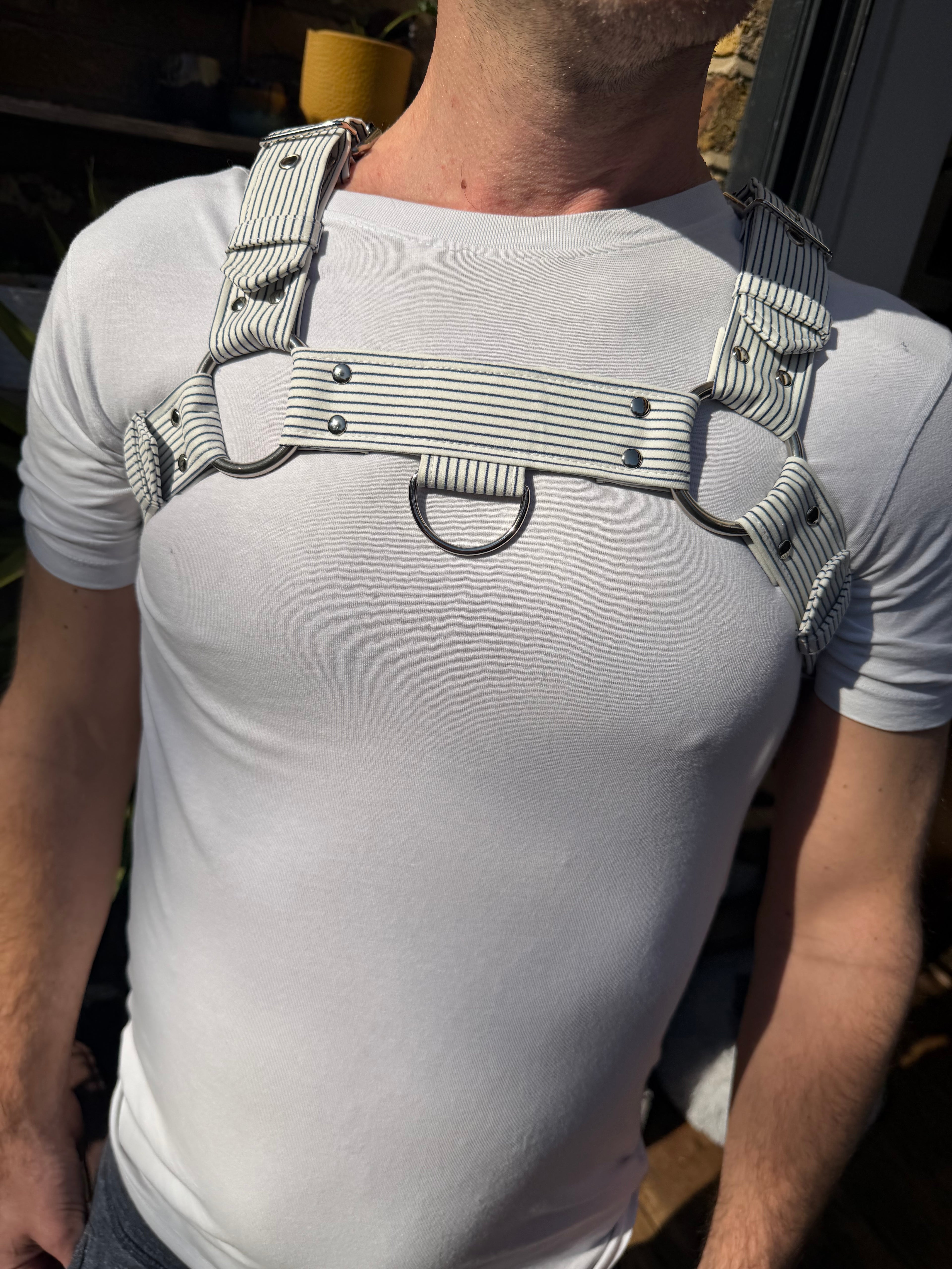 H Harness — Navy on Cream Pinstripe (Suiting Deadstock)