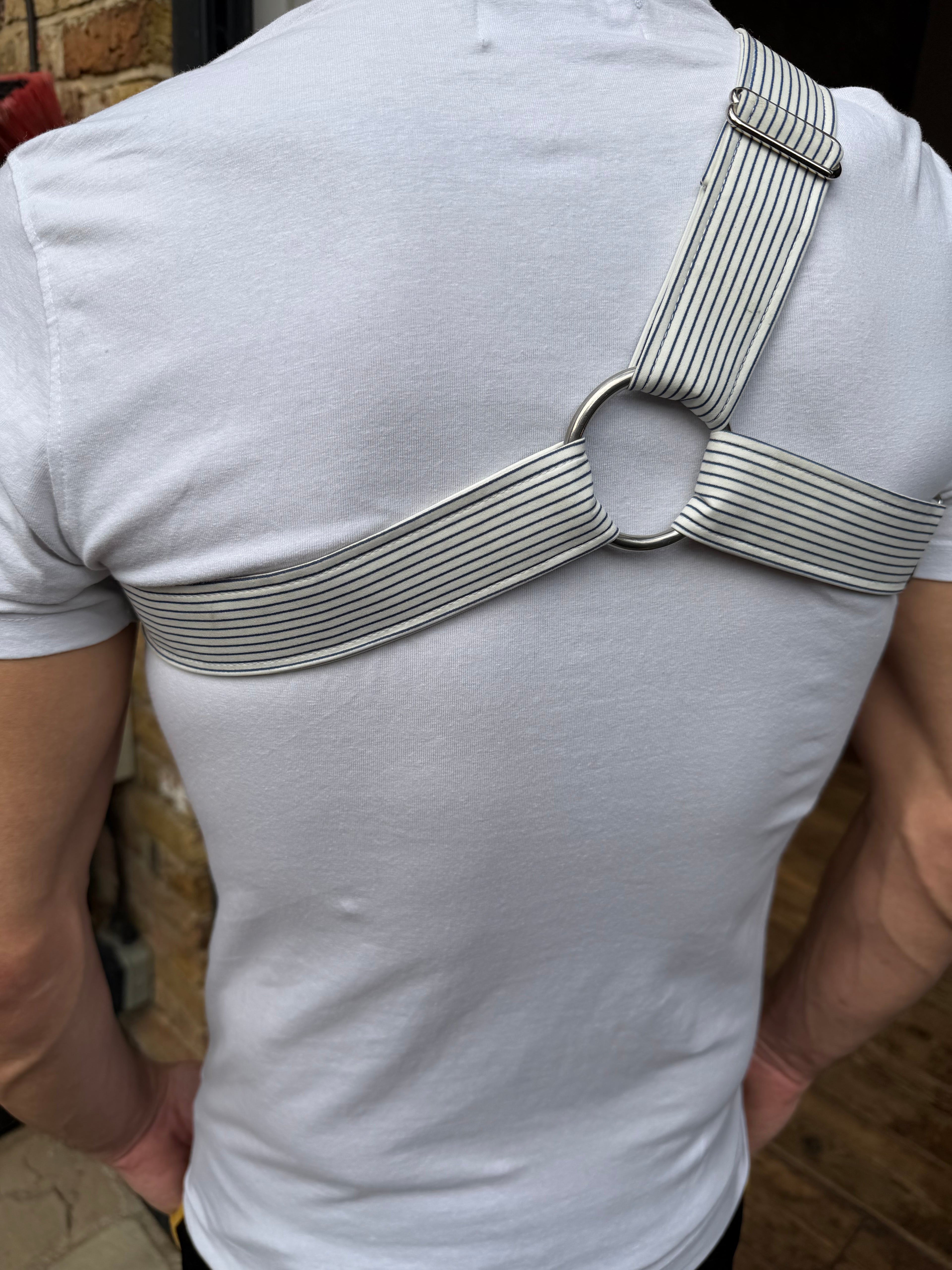 Y Harness — Navy on Cream Pinstripe (Suiting Deadstock)