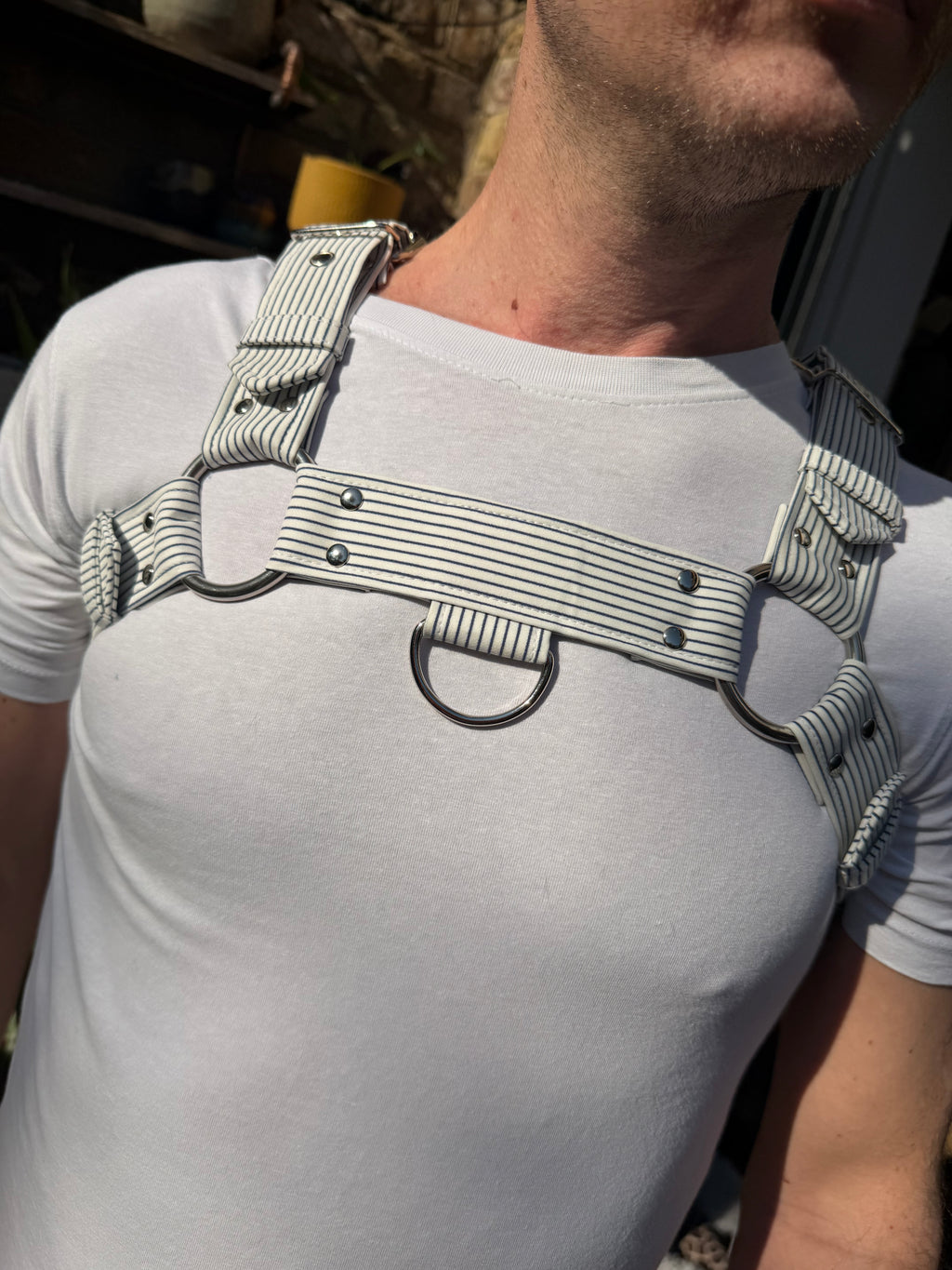 H Harness — Navy on Cream Pinstripe (Suiting Deadstock)