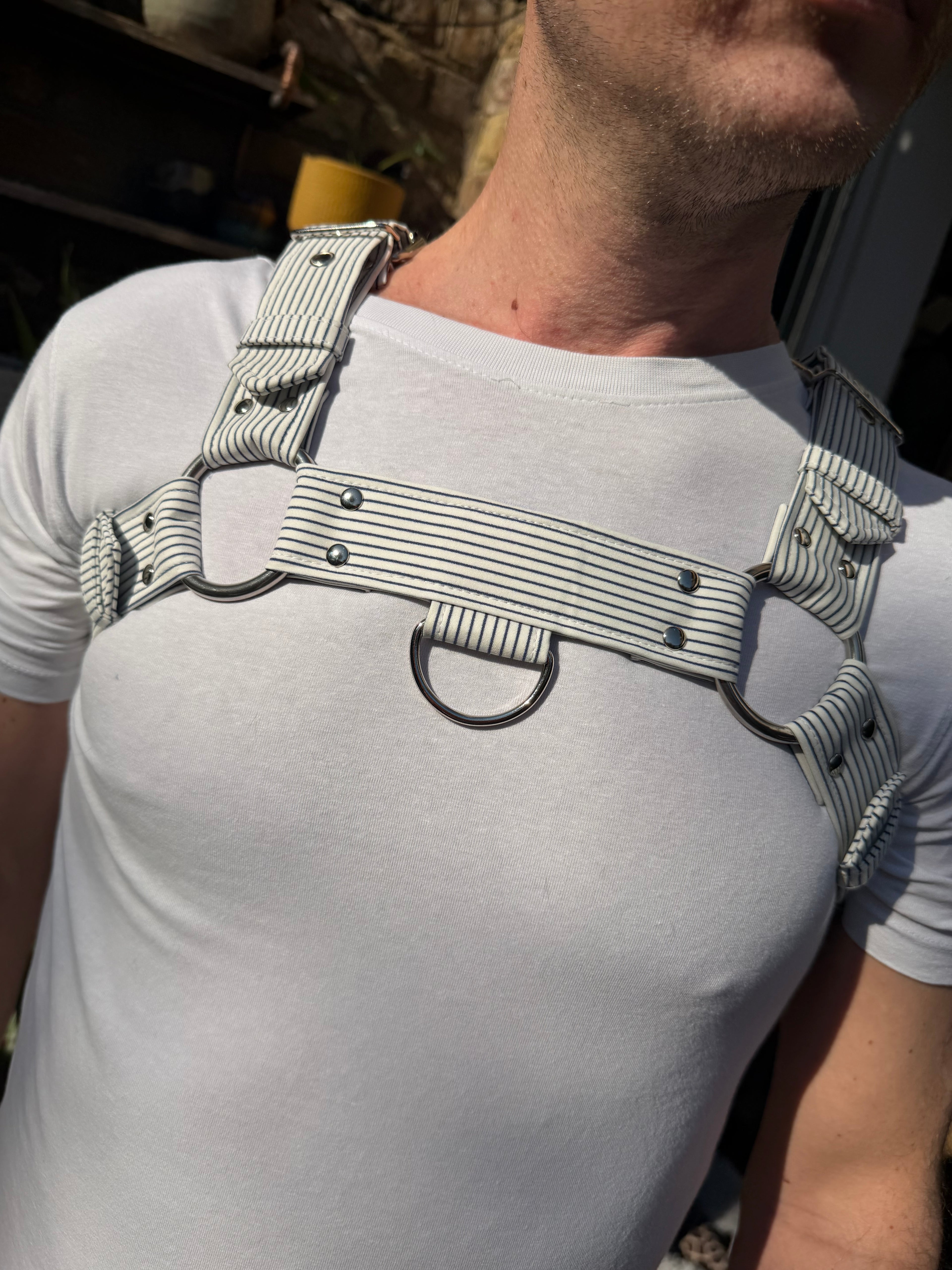 H Harness — Navy on Cream Pinstripe (Suiting Deadstock)