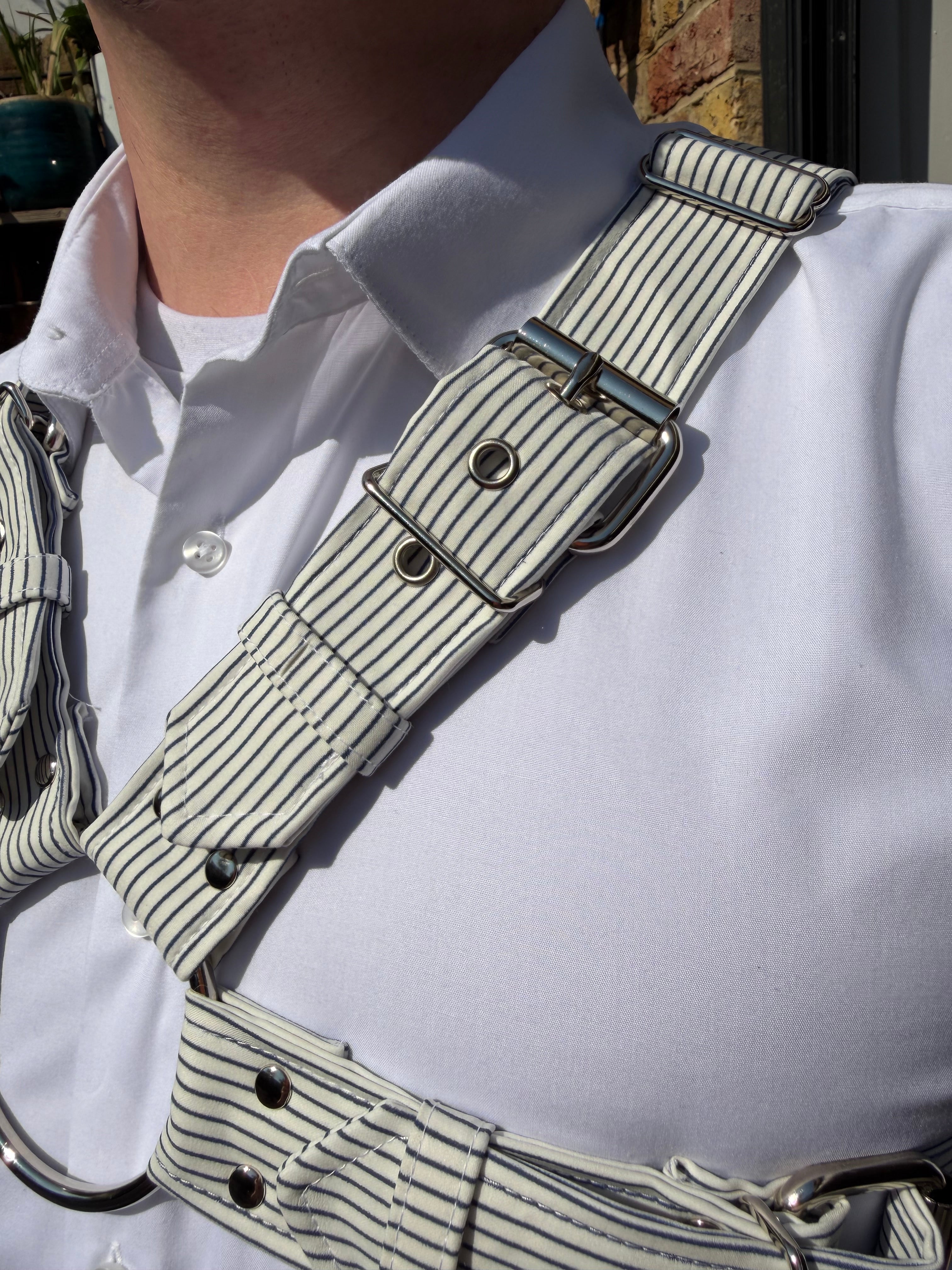 X Harness — Navy on Cream Pinstripe (Suiting Deadstock)