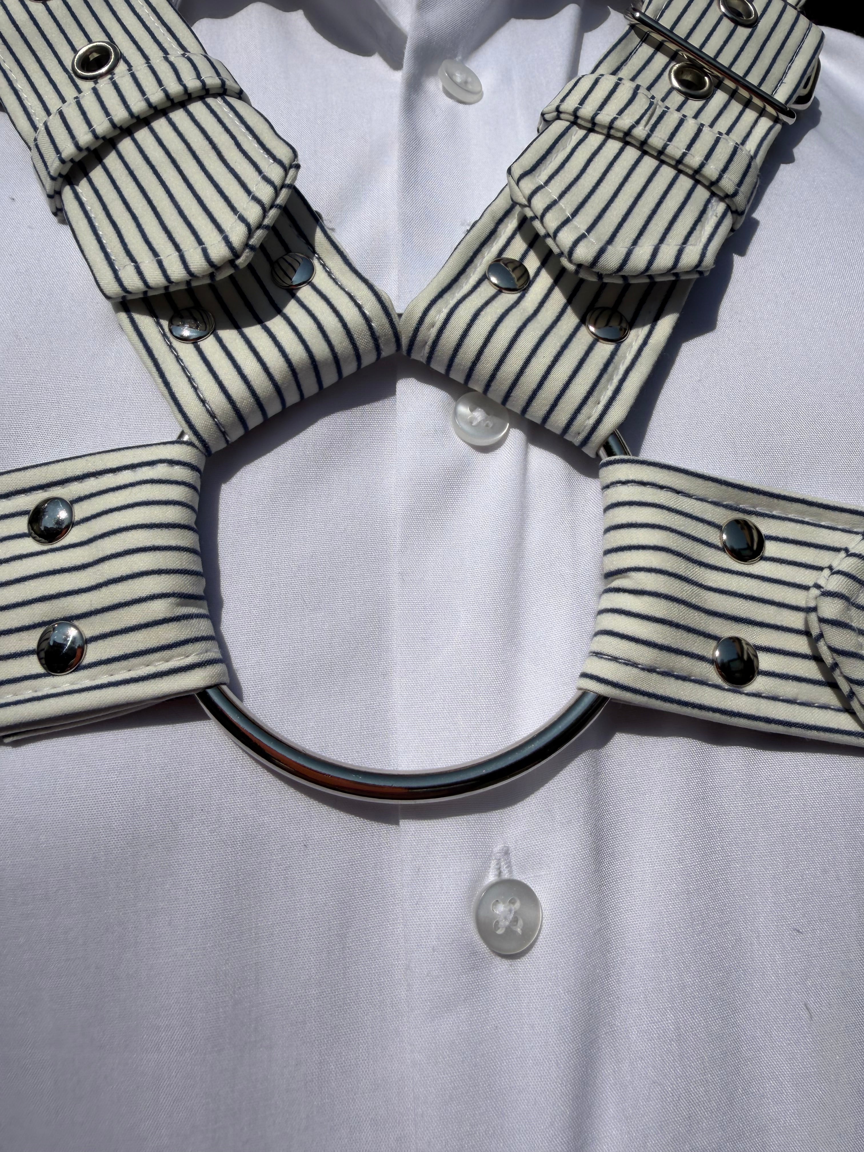 X Harness — Navy on Cream Pinstripe (Suiting Deadstock)