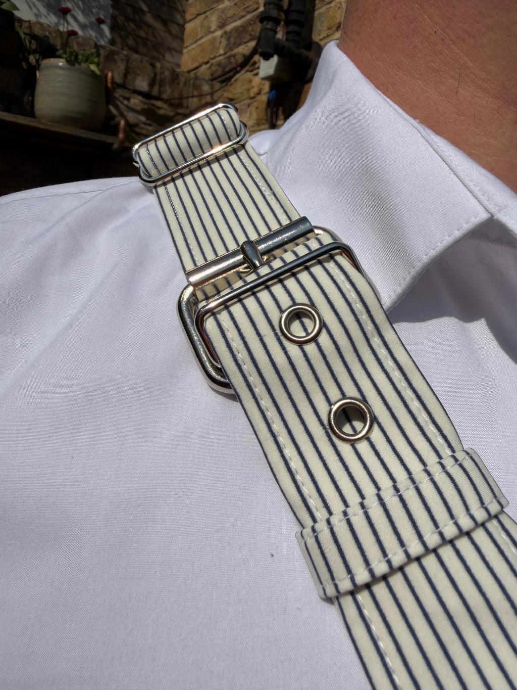 X Harness — Navy on Cream Pinstripe (Suiting Deadstock)